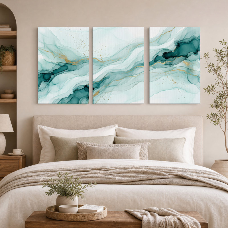 Sarcelle et or, art abstrait sur toile, ensemble de 3 toiles, H 36 po x l 24 po x 3 pièces