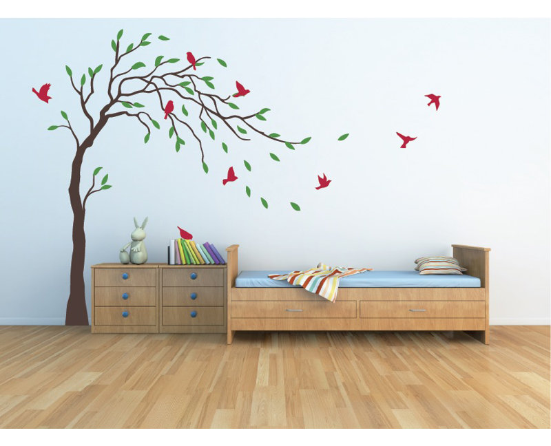 Décalcomanie murale Arbre et oiseaux dans la brise, Brun / Vert / Rouge