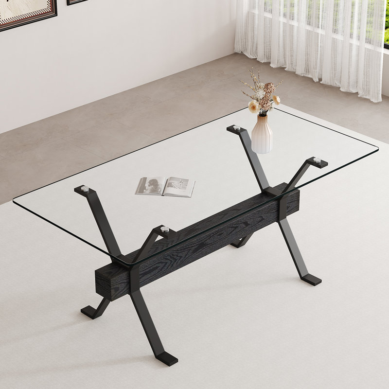 Table de salle à manger rectangulaire moderne de 71 po avec plateau en verre trempé et pieds en métal noir, table de salle à manger élégante avec décor en bois pour la salle à manger