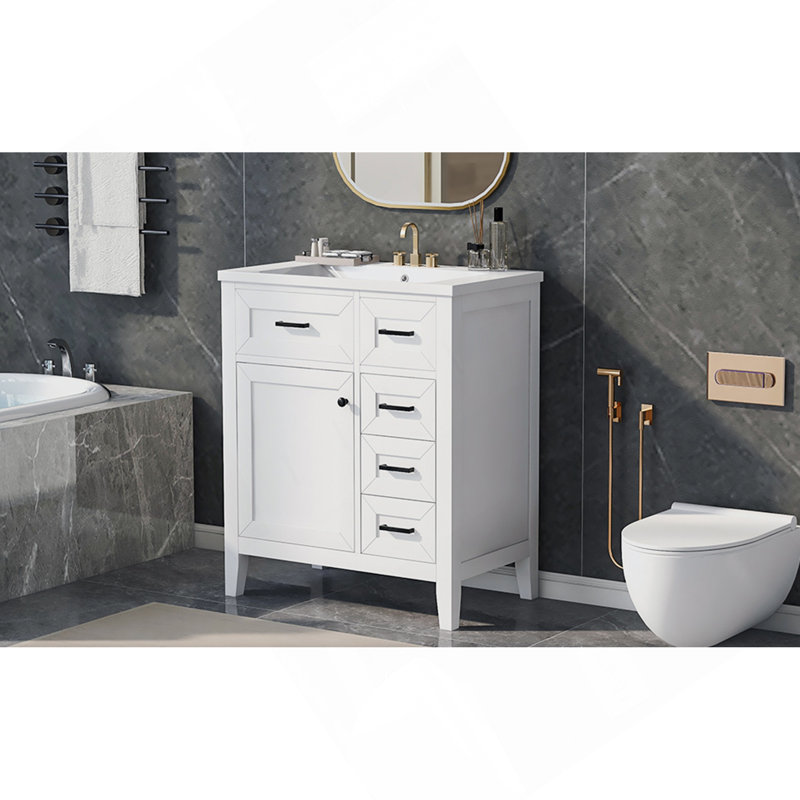 Ensemble de meuble-lavabo 30 po avec lavabo, armoire de salle de bain blanche avec tiroirs, structure solide et panneau de fibres à densité moyenne