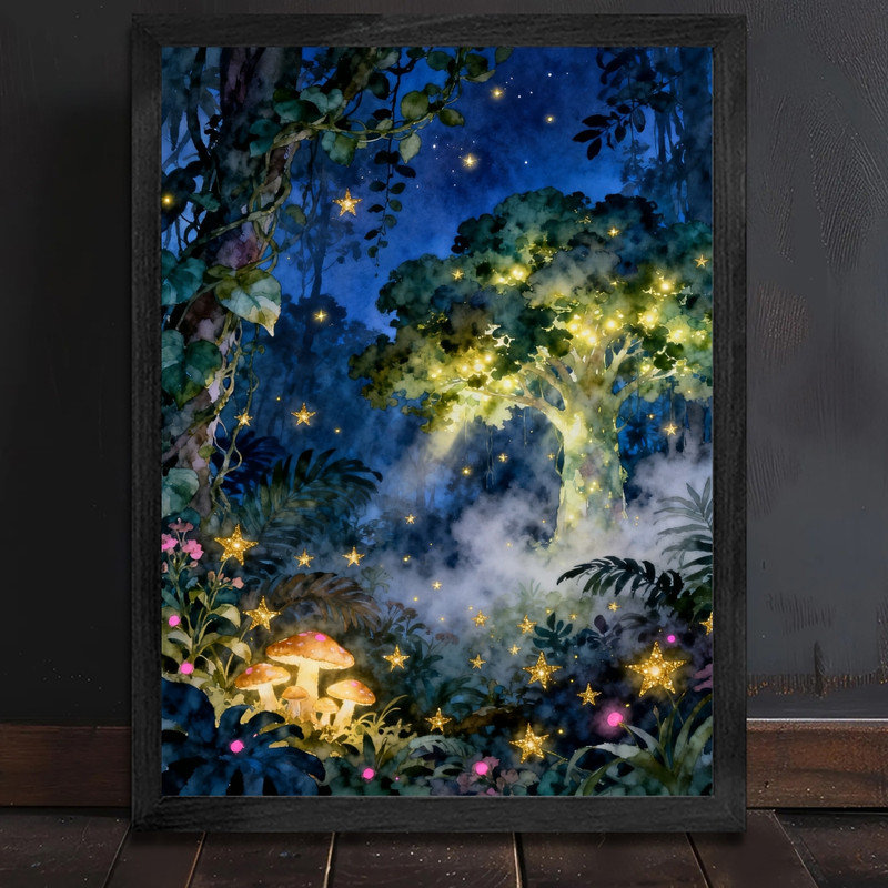 Art mural encadré noir forêt de lucioles fantaisiste, aquarelle bohème cadre magique, H 25 po x l 17 po