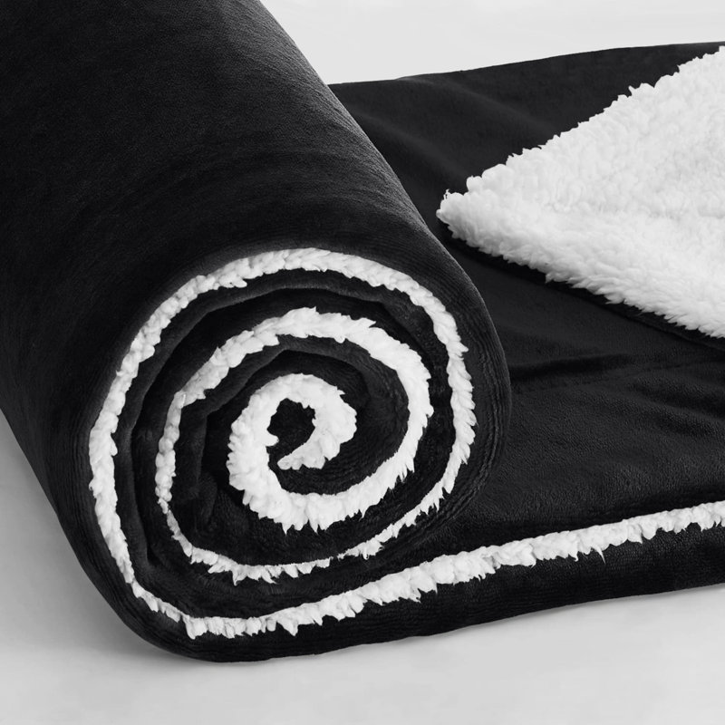 Misuzu Super Soft Reversible Sherpa Fleece Blanket, Black, Double