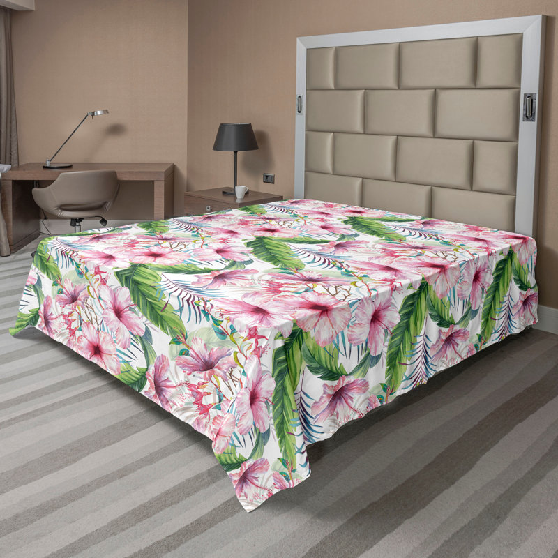 Drap plat Ambesonne, Drap plat pour très grand lit californien, Vert, rose / floral