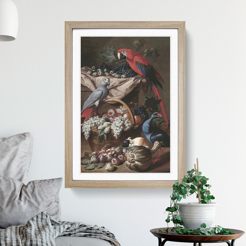 Melchior D'Hondecoeter Parrots by Melchior D'Hondecoeter - Picture Frame Painting, 65cm H x 48cm W x 2cm D, Oak Framed