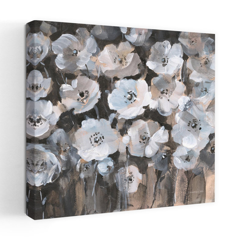 Contemporain Malmo en fleurs avec art abstrait noir, H 18 po x l 18 po