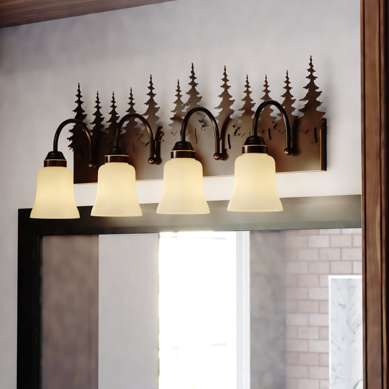 Homar 4-Light 33 inch Wide Burnished Bronze Rustic Cabin Bathroom Vanity Lighting Fixture, Amber Flake Glass Shade, Tree Motif, Dimmable, LED Compatible, Over the Mirror Wall Mounted Sconce