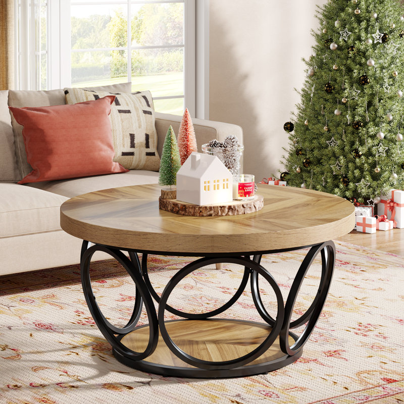 Round Coffee Table,80cm Round Wood Center Table, Farmhouse Large Circle Coffee Tables With 2-tier Storage