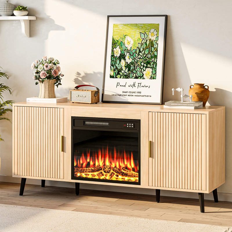 Midcentury Modern TV Stand with 23-Inch Fireplace, Natural