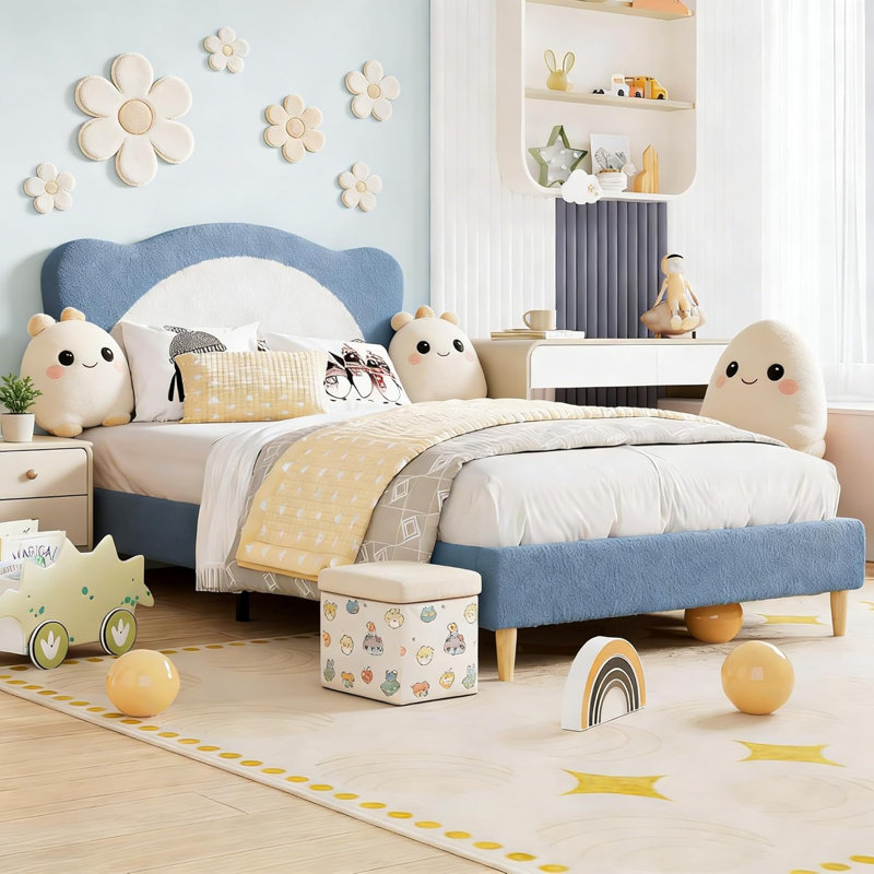 Full Size Bed Frame for Kids - Cute Velvet Princess Platform Bed with Upholstered Headboard for Girls/Boys, Solid Wood Slats Support, No Box Spring Needed, Blue + White