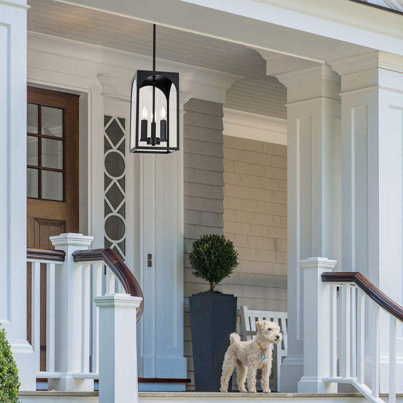 Farmhouse Outdoor Pendant Light, 3-Light Black Lantern Chandelier Ceiling Light Fixture Adjustable Height Hanging Lighting With Clear Glass For Porch, Kitchen Island, Dining Room, Entryway