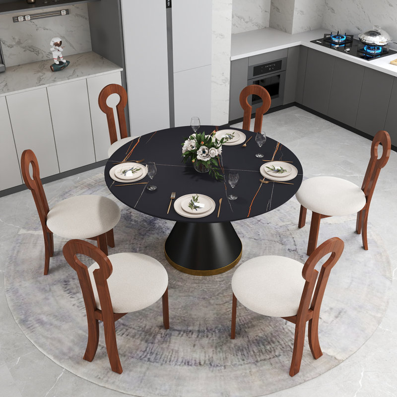 6 Seat Dining Table Set With Modern Key-shaped Dining Chairs, 7-piece Dining Set, Brown, Black