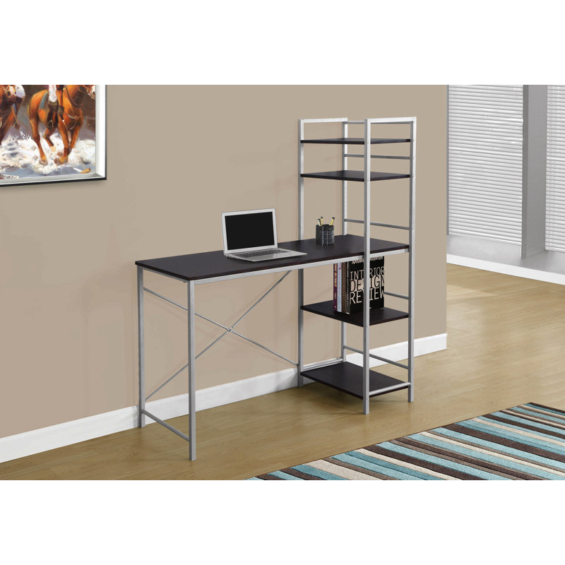 Bureau d'ordinateur, bureau personnel, ordinateur portable, tablettes de rangement, L 48 po, travail, stratifié brun, métal gris, contemporain, moderne