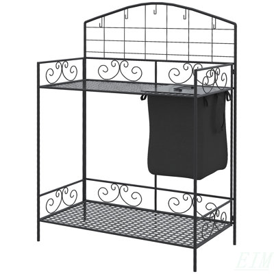Folding Potting Bench Table, Metal Garden Workstation, Work Bench With Large Build-In Bag With Cover, 5 Hanging Hooks & Storage Shelf, Flourishes