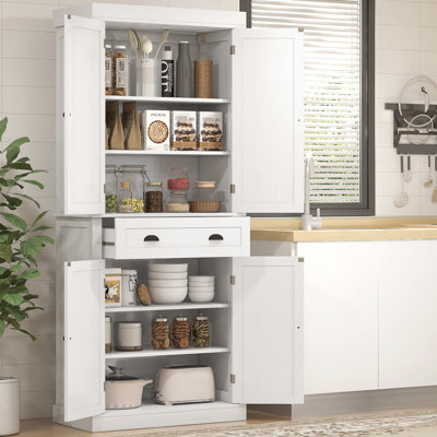 Armoire garde-manger 72,5 po, blanche. Rangement à 4 portes et tiroirs avec tablettes réglables. Convient à la batterie de cuisine et aux serviettes. Traditionnel pour la salle à manger. Cuisine autoportante d'une capacité totale de 220 lb, 4 portes et 3