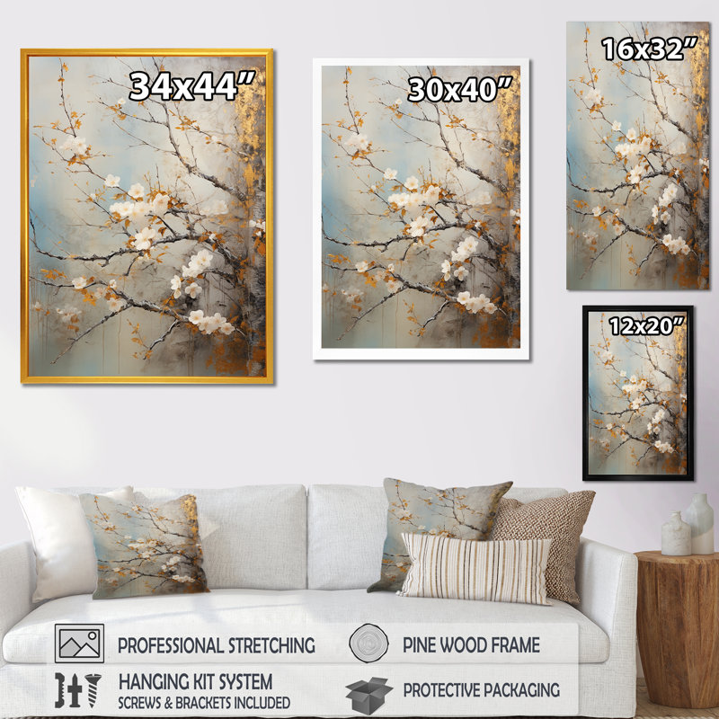 Oiseaux blancs sur un arbre floral I - oiseau, art mural, Toile tendue, H 44 po x l 34 po x P 1,5 po