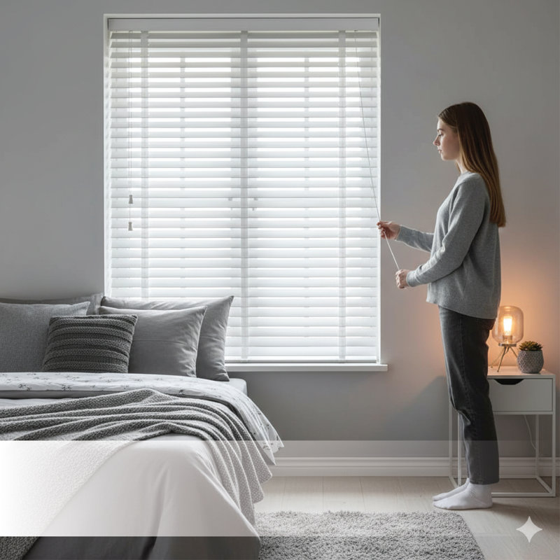 Faux Wood Venetian Blinds with Fabric Tape, Moisture-Resistant Horizontal Slats & Cord Control for Windows, White