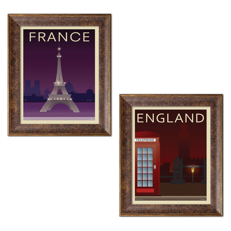 " Telephone Box And Eiffel Tower " by Incado 2 - Pieces, Distressed Framed Paper, 16" H x 12" W x 0.75" D