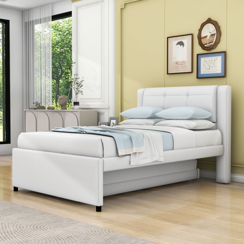 Full Wood Upholstered Platform Bed with Trundle, Beige