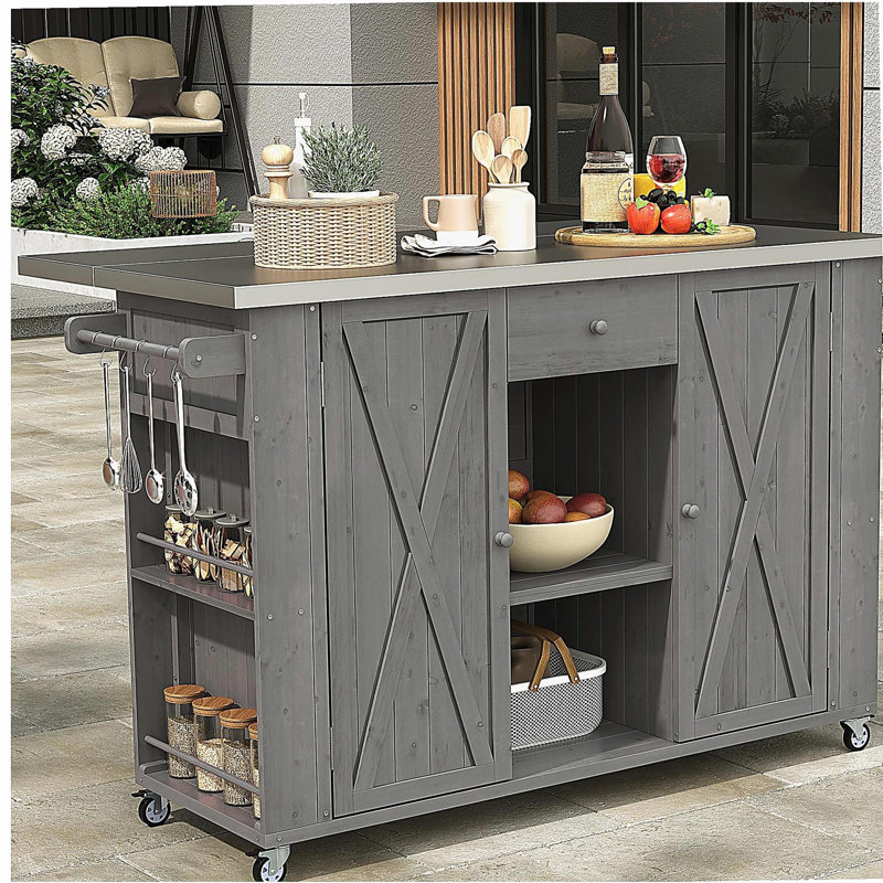 Outdoor kitchen island with pine kitchen island and stainless steel top, ample storage space, towel and spice racks, outdoor corkscrew, gray