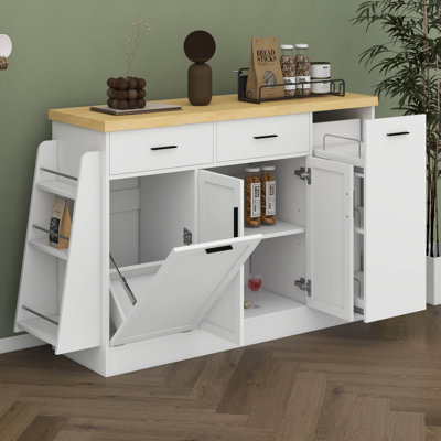 Storage Sideboard, Trash Can Storage, Sliding Door Cabinet & 3-Tier Spice Rack
