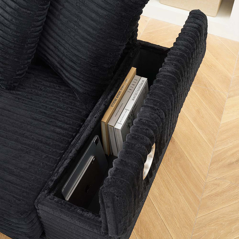 Canapé inclinable fonctionnel en velours côtelé, canapé rembourré moderne avec porte-gobelet et accoudoirs de rangement pour le salon