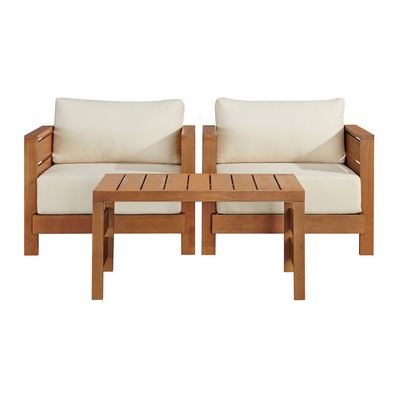 Barton 3 Piece Patio Furniture Set - Weather-Resistant Eucalyptus Wood Outdoor Table and Chairs with Cream Cushions - Modern Outdoor Furniture Set for Porch, Deck, Pool (Natural)