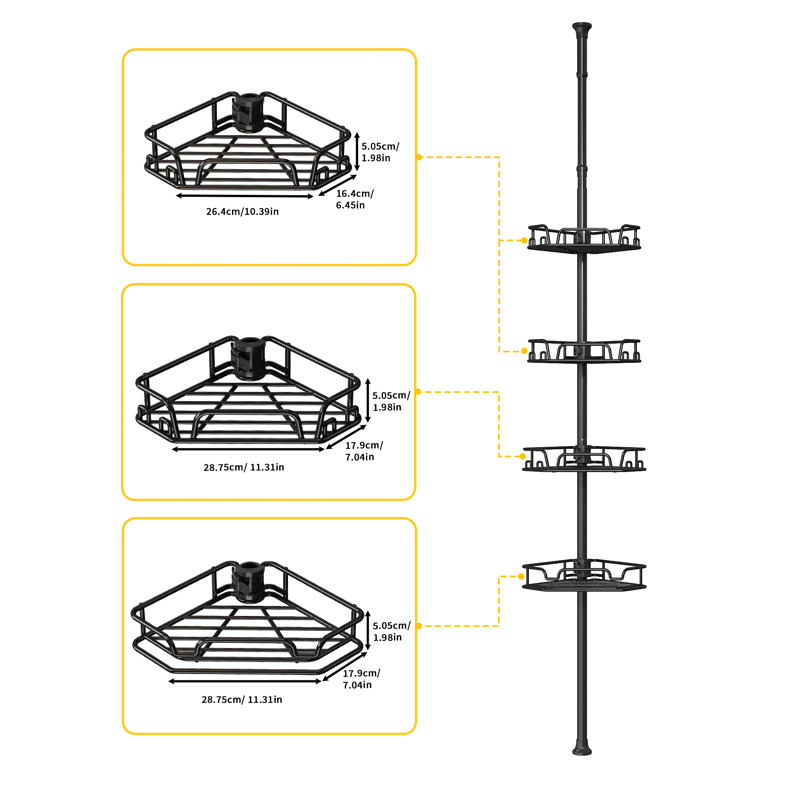 Serviteur de douche à poteau de tension réglable, organisateur de coin de salle de bain à 4 niveaux sans installation de perçage, support de rangement de salle de bain imperméable, noir