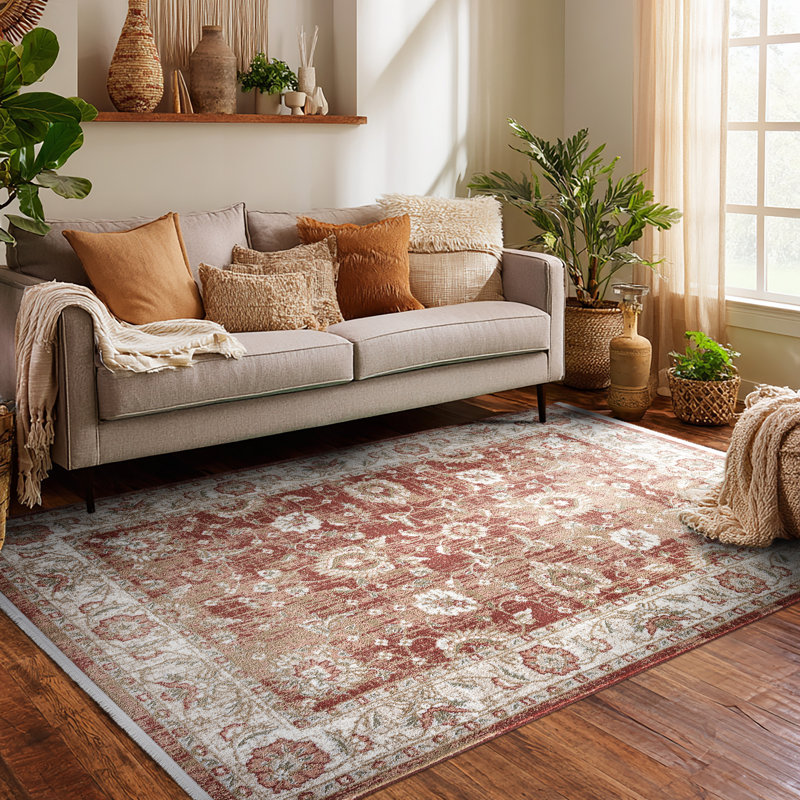 Tapis cramoisi rétro avec frange Elysium, Rectangle 5 pi 3 po x 7 pi 3 po