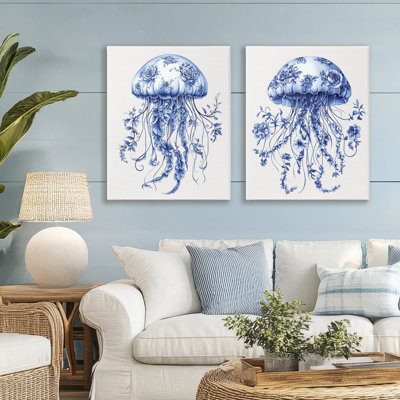 Funky Florals Toile Jellyfish 2pc Canvas Set, design by Lettered and Lined
