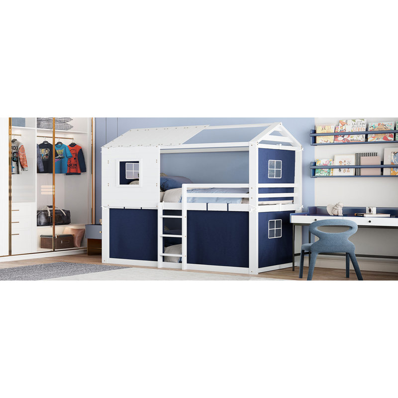 Lit superposé simple avec tente bleue et blanche, conception de style cabane dans les arbres, bois massif et matériau, activités de rangement spacieuses, décoration de chambre à coucher