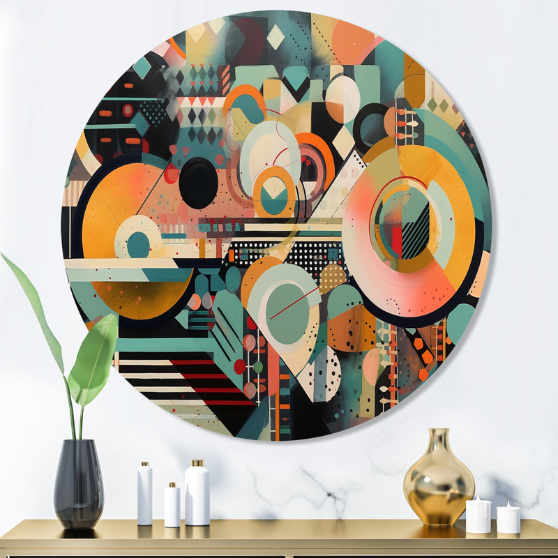 «Blue and Orange Retro Boundaries I», art mural rond géométrique abstrait sur métal, H 36 po x l 36 po x P 1 po