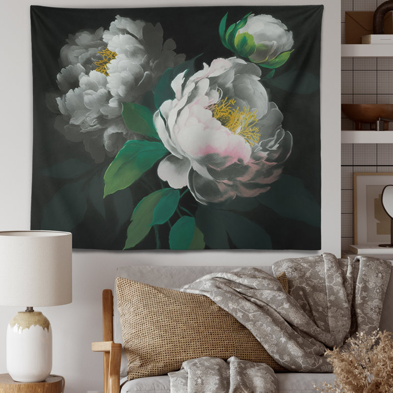Tapisserie pivoine blanche en polyester III, H 32 po x l 39 po