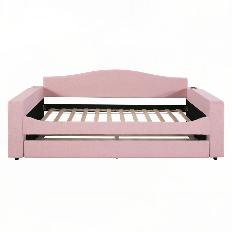 Teddy Fleece Upholstered Daybed with Storage Armrests, Trundle and Latest Integrated Bluetooth Audio System, Twin, Beige