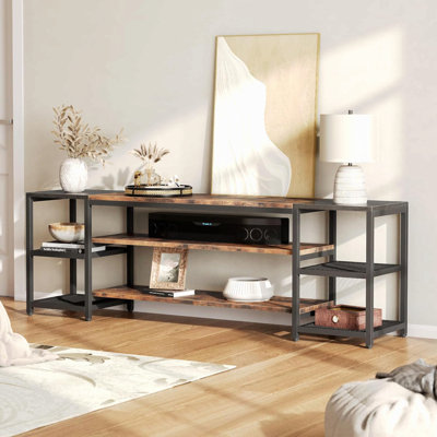 Meuble télé 78,7 po pour les téléviseurs de 85 pouces et plus, centre de divertissement de style campagne moderne avec tablettes de rangement ventilées à 3 niveaux et dossier en filet d'acier, brun et noir