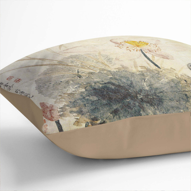 Lotus Flower by Yun Shouping Cushion with Filling, 40cm H x 40cm W x 15cm D, Stone