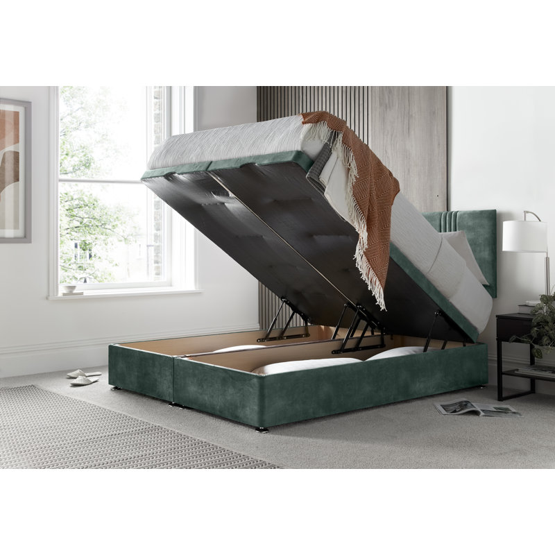 New Empire Conistan Upholstered Ottoman Storage Bed with Panel Headboard & Gas Lift, Small Double (4'), Emerald