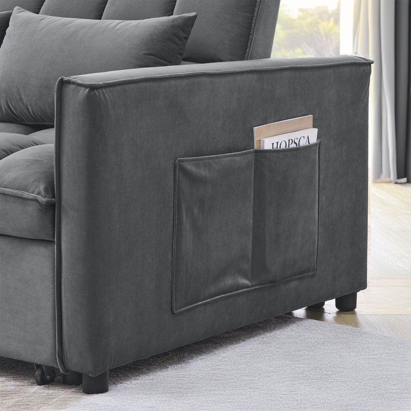 Eiri 55'' Wide Convertible Velvet Sleeper Square Arm Sofa Bed with Reclining Backrest and 2 Throw Pillows, Dark Grey