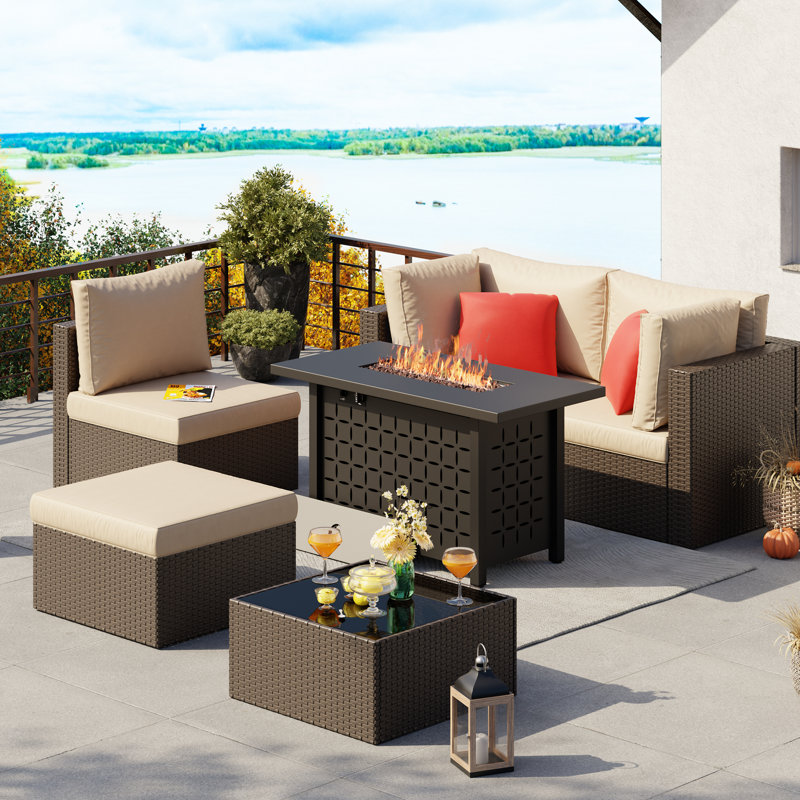  Ensemble de patio d'extérieur en rotin 6 pièces avec foyer, Beige