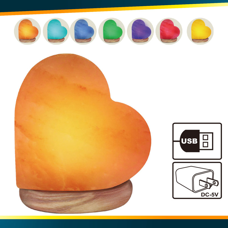 Himalayan Glow USB Salt Lamp, Multicolor Hand Carved Heart Shape Salt Lamp with Neem Wooden Base