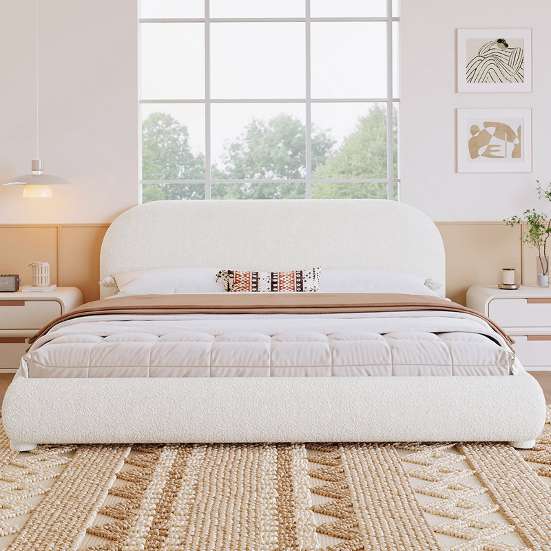 Lit tapissier en tissu de style crème, lit double simple moderne, grand, Cream