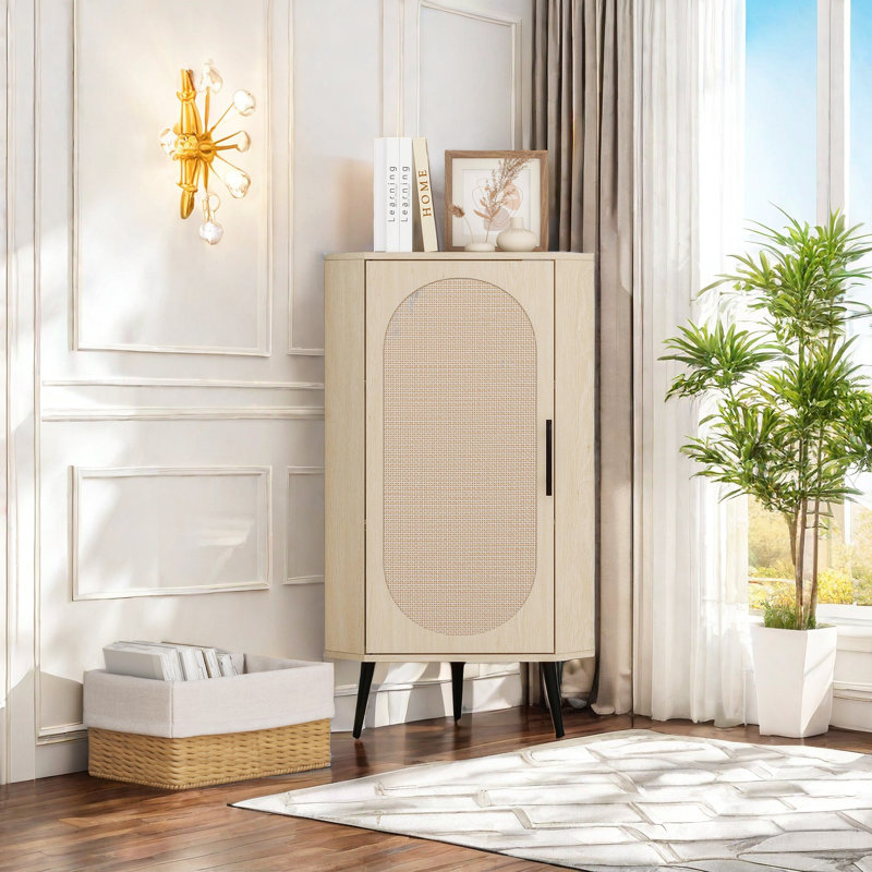 Corner Cabinet With Rattan Door, Freestanding Corner Tables For Small Spaces, Corner Display Cabinet