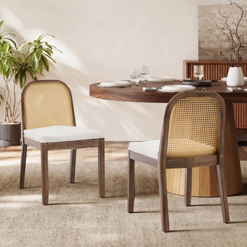 Chaises de salle à manger rembourrées en rotin, chaises d'appoint de cuisine style campagne Mid-Century avec coussin en chenille et structure en bois massif vieilli (ensemble de 2)
