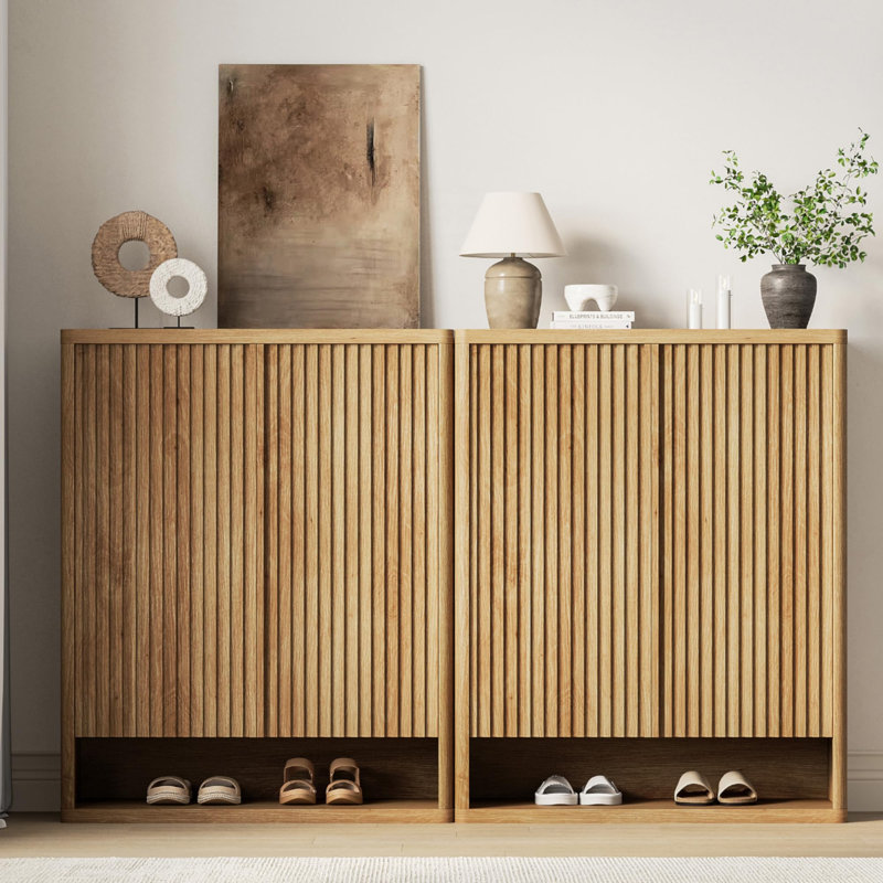 2 Pack Fluted Door Shoe Cabinet, Wooden Storage Organizer with Adjustable Shelves, Natrual