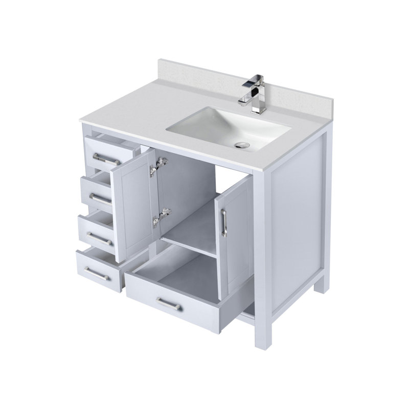Meuble-lavabo blanc 36 po X P 22 po D, dessus en quartz blanc décalé à droite et ensemble de robinet, Blanc