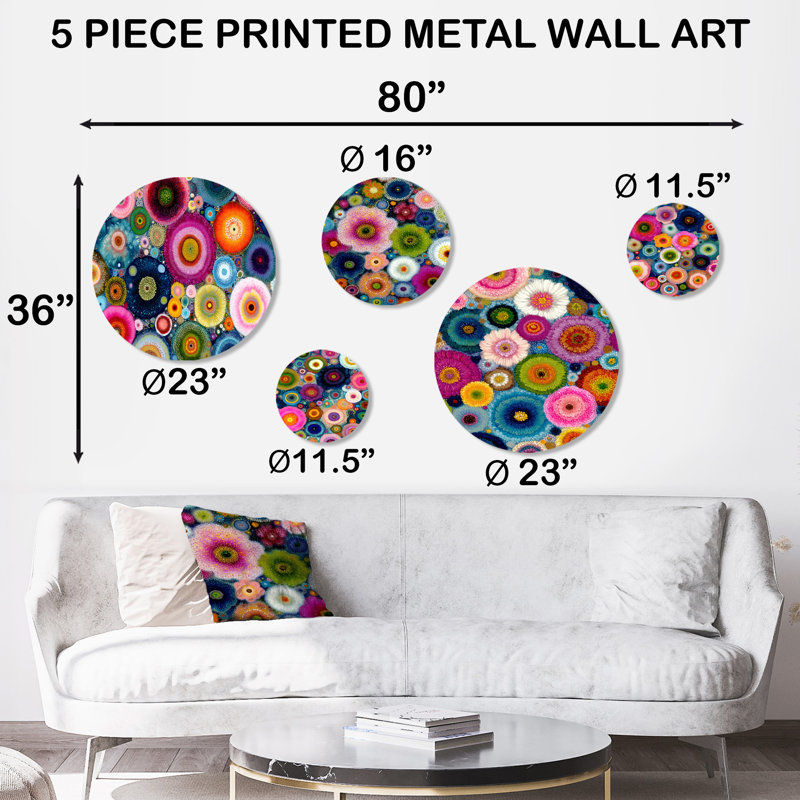 «Vibrant Flower Wall Horizon», ensemble de 5 décorations murales abstraites fractales en métal