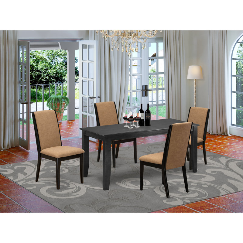 5 Piece Dining Room Furniture Set Includes a Rectangle Dining Table and 4 Light Sable Linen Fabric Parsons Chairs, Black