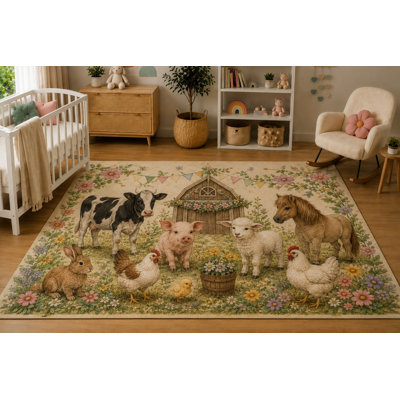 "Ultra Thin" 5' x 7'Baby Farm Friends Floral Barn Area Rug for Nursery, Soft Low Pile Indoor Rug with Non-Slip Silicone Backing, Kids Room, Playroom, Kids & Pets, Beige Pastel