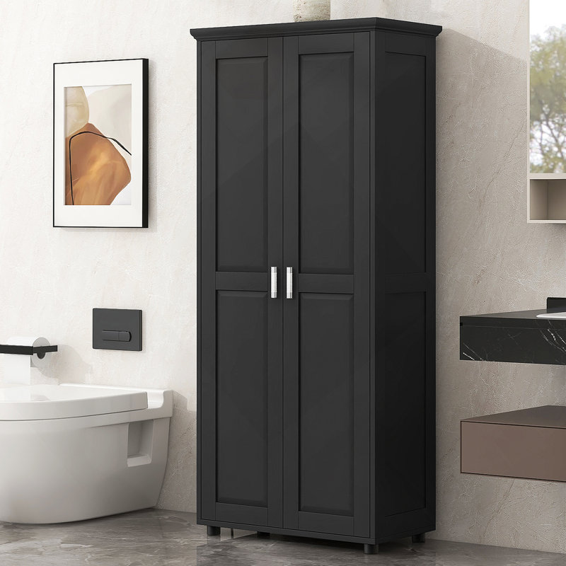 Armoire de rangement avec deux portes pour salle de bain, bureau, tablette réglable, panneau de fibres à densité moyenne, noir