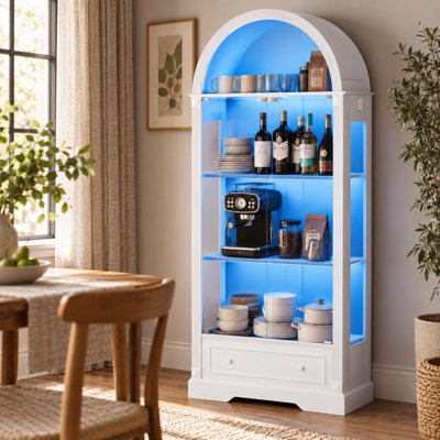 Armoire de rangement cintrée de 180 cm (70,9 pouces) avec portes en verre trempé, éclairage DEL à détecteur de mouvement et tiroirs, idéale pour le salon, la cuisine et la salle à manger, blanche.