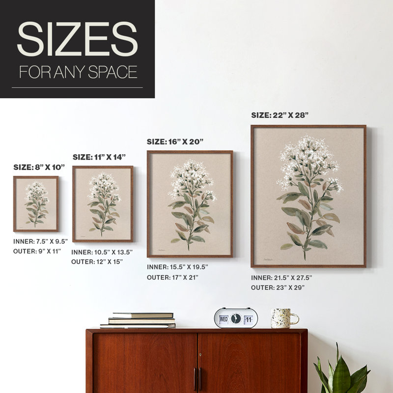 Reproduction encadrée de tiges florales blanches II - bois massif, H 11 po x l 9 po, Noyer